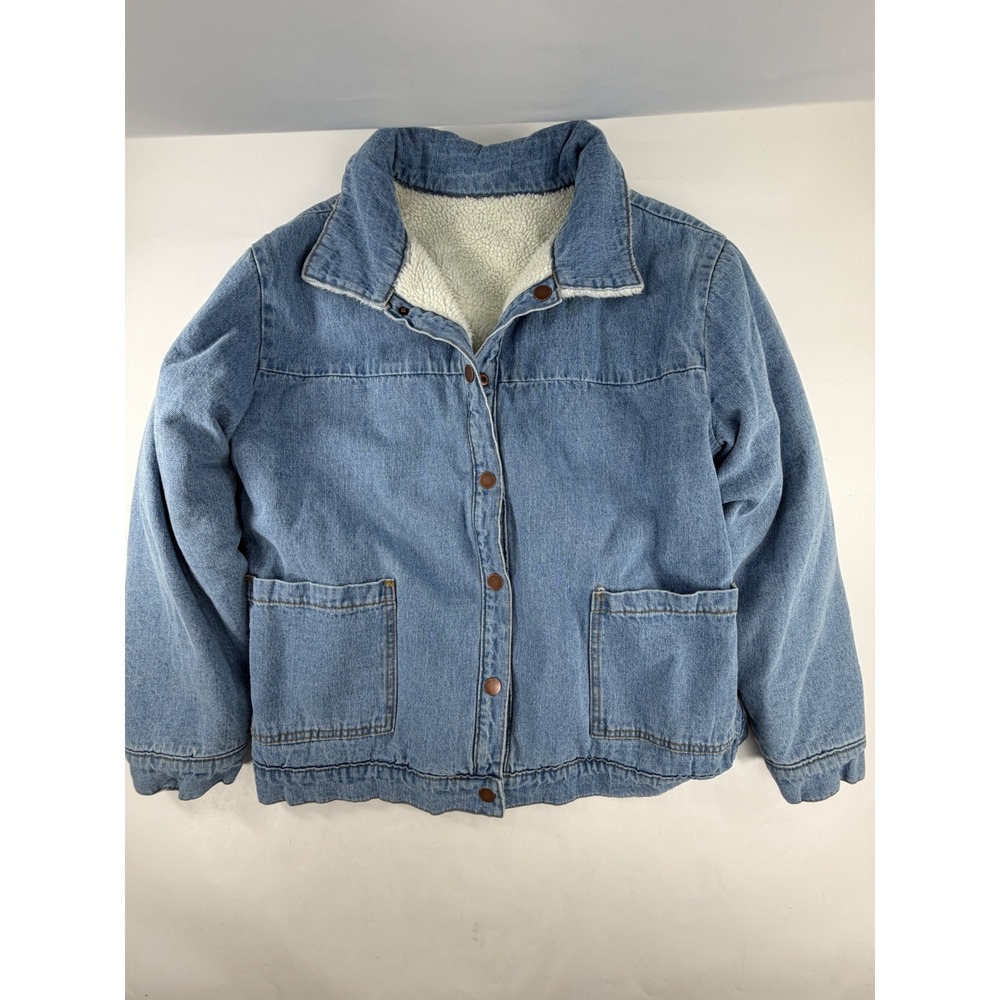 BP Reversible Denim Faux Shearling Jacket Blue Ivory Button Front Womens XL